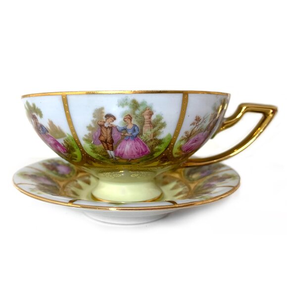 JKW Bavaria West Germany Porcelain Cup & Saucer Love Story Pattern Vintage 1950s - Picture 1 of 14